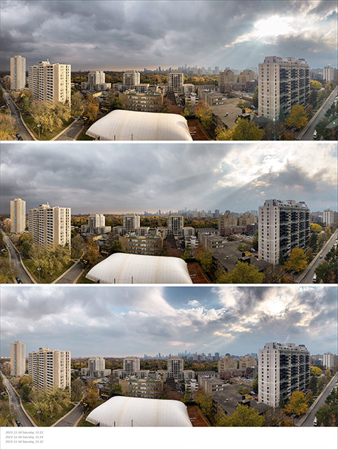 November 4, 2023 — Late-autumn light drama: heavy sky opening to crepuscular rays over gold leaves, soft overcast in the middle frame, and renewed beams slanting across the city in the final view.